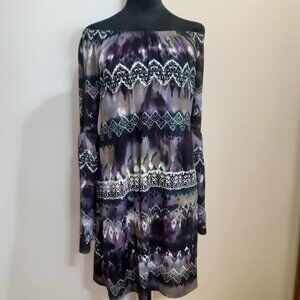 R Rouge Women's Large Purple Geo Print Off the Shoulder Bell Sleeves Mini Dress